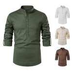Chemise shirt homme en coton lin respirante col montant manches longues - vert militaire