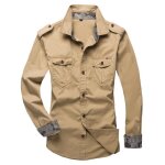 Chemise slim homme manches longues casual chemise militaire col carré - kaki Chemise slim homme manches longues casual chemise militaire col carré - kaki