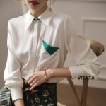 Chemise en soie femme chemise blanche en soie de couleur contrastante  manches longues haut de printemps ...