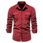 Chemise velours c�tel� homme slim fit manches longues couleur unie casual chemise en coton avec poches ...