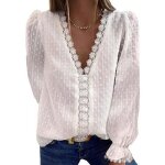 Chemisier - blouse femme col en v uni mousseline de soie brodee de dentelle manches longues - blanc