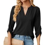 Chemisier lgant  col en v pour femme chic - noir - manches enroulables - hauts t - shirt blouses