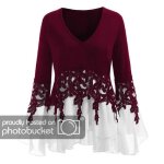 Chemisier femme casual applique flowy en mousseline de soie col v manches longues - rouge - loose