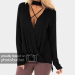 Chemisier femme col v manches longues couleur unie ourlet irr�gulier - noir - loose