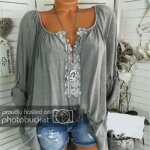 Chemisier femme col en v  manches longues en dentelle florale - gris