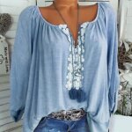 Chemisier femme manche longue bleu - couleur pure - col avec petite fleur - mode grand taille Chemisier femme manche longue bleu - couleur pure - col avec petite fleur - mode grand taille