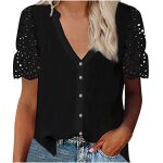 Chemisier femmes solide col v dentelle crochet oeillet manches courtes boutons blouses tops noir Chemisier femmes solide col v dentelle crochet oeillet manches courtes boutons blouses tops noir