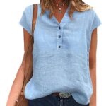 Chemisier - femme - Été - manches courtes - col à revers - coton bleu Chemisier - femme - Été - manches courtes - col à revers - coton bleu