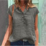 Chemisier à manches courtes et col à revers pour femme en coton Été gris Chemisier à manches courtes et col à revers pour femme en coton Été gris