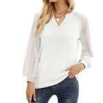 Chemisier à manches longues en dentelle pour femme col en v décontracté automne hiver blanc Chemisier à manches longues en dentelle pour femme col en v décontracté automne hiver blanc