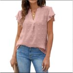 Chemisier uni femme chic rose t manches courtes col v grande taille tunique blouse coton t - shirt ...