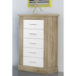 Chiffonnier avec 5 tiroirs coloris chne cambrian blanc - longueur 66 x profondeur 396 x hauteur 107 ...