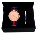 Coffret box id�e cadeau femme montre tissu rayure bleu rouge bracelet rose gold