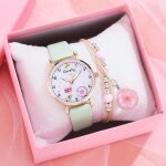 Coffret montre enfant fille + bracelet? sakura mode lovely bracelet en cuir vert cadeau pour les enfants ...