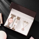 Coffret montre femme + bracelet + des boucles doreilles + collier ? diamant or rose mode temp�rament ...