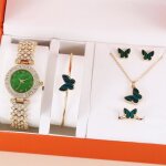 Coffret montre femme + bracelet + collier + clous doreilles + anneau ? papillon vert diamant gr�ce cadeau ...