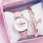Coffret montre femme + bracelet toile ? diamant papillon bracelet en cuir mode rose cadeau de nol