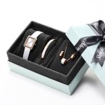 Coffret montre femme + collier + bracelet + boucles doreilles bijoux diamants carr� luxe quartz cuir ...