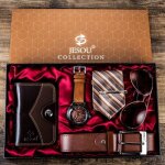 Coffret montre homme portefeuille 5 pièces ceinture lunettes de soleil cravate portefeuille set Coffret montre homme portefeuille 5 pièces ceinture lunettes de soleil cravate portefeuille set