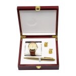 Coffret montre homme + stylo + bouton de manchette ? marron mode classique bracelet en cuir �tanche haute ...