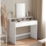 Coiffeuse avec grand miroir 2 tiroirs et 3 compartiments 100 x 40 x 140 cm style moderne blanc