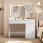Coiffeuse avec miroir et lumi�re largeur de 110 cm avec tiroir et �tag�res r�glables prise de courant ...