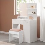 Coiffeuse avec tabouret 2 tagres ajustables derrire la porte et 1 tiroir blanc