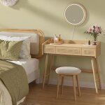 Coiffeuse avec tabouret de maquillage avec �clairage style boh�me pour chambre beige ch�ne et blanc cr�me ...