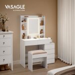 Coiffeuse - vasagle - grand miroir led - compartiments ouverts - tabouret - tagres rglables - blanc ...