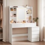 Vasagle coiffeuse grand miroir led � luminosit� r�glable l - 100cm compartiments ouverts �tag�res r�glables ...