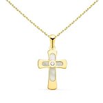 Collier - mdaille croix or 18 carats 750 / 000 jaune et nacre - chaine dore