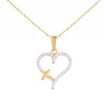 Collier - pendentif or jaune et zirconiums - motif coeur et croix - chaine dorée Collier - pendentif or jaune et zirconiums - motif coeur et croix - chaine dorée