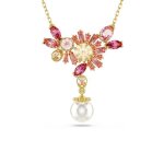 Collier - swarovski - pendentif gema fleurs roses - plaqu� or - longueur ajustable 42 - 49 cm - �l�gance ...