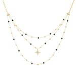 Collier triple rang femme australe acier dor� perles noires mousqueton et noir