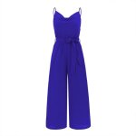 Combinaison femme � bretelles sans manches jumpsuit �l�gant pantalon loose avec ceinture - bleu