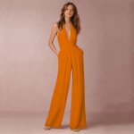 Combinaison femme halter sans manches dos nu jumpsuit Élégant pantalon loose - orange Combinaison femme halter sans manches dos nu jumpsuit Élégant pantalon loose - orange