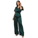 Combinaison satinée - femme - vert - pantalon évasé - manches chauve - souris - 2 poches latérales Combinaison satinée - femme - vert - pantalon évasé - manches chauve - souris - 2 poches latérales