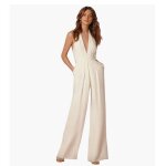Combishort femme - marque - lgante col v profond sans manches dos nu - pantalon large soiree blanc