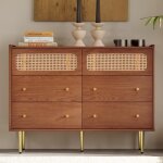 Commode avec 6 tiroirs buffet bas en bois massif dcor en rotin pids en mtal 120 x 40 x 90 cm