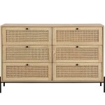 Commode 6 tiroirs en cannage naturel et effet ch�ne 120 cm - iris