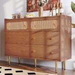 Commode 6 tiroirs mdf laqu et cannage en rotin naturel - l 120 x p 40 x h 90 cm pied en mtal noyer