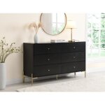 Commode 6 tiroirs - mdf et m�tal - noir et dor� - milavia