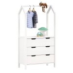Commode enfant amira h 152 cm en bois massif blanc type montessori avec 3 tiroirs et 1 tringle meuble ...