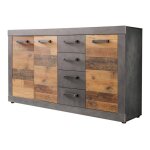 Indy - meuble chambre. commode avec 4 tiroirs en m�lamin� coloris gris ciment portes bois effet vieilli. ...