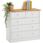 Commode de chambre rondo meuble de rangement avec 5 tiroirs en pin massif lasur� blanc et brun