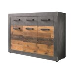 Indy - meuble chambre. commode avec 3 tiroirs en m�lamin� coloris gris ciment portes bois effet vieilli. ...
