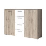 Commode design 2 portes et 4 tiroirs 130cm. collection eos coloris ch�ne clair et blanc 38 marron