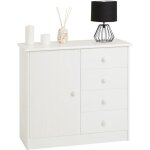 Commode en pin massif blanc rondo buffet meuble de rangement avec 4 tiroirs et une porte