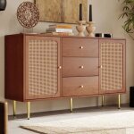 Commode - jaerliub - 2 portes - 3 tiroirs - portes en rotin - etagre rglable - noyer