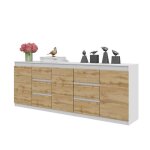 Commode mikel - 6 tiroirs et 3 portes - h75 cm x l200 cm x p35 cm (blanc matt / ch�ne wotan)